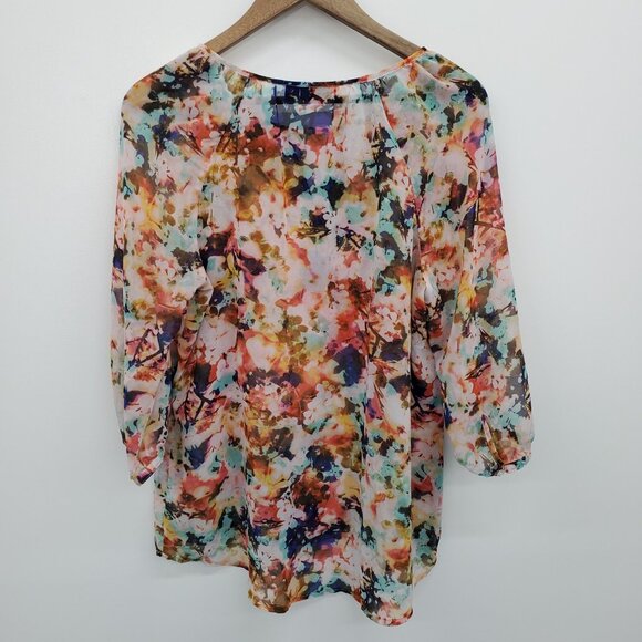 A.n.a Petite Floral Chiffon Blouse Size PL Sheer Peasant Tie Neck Boho Top - Picture 5 of 15